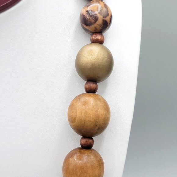 Wooden and Resin Beaded Necklace Animal Print Accents Wood Spacers 24" - Picture 7 of 9